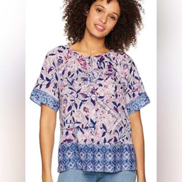 NWT Lucky Brand Border Print Peasant Top - Picture 2 of 7